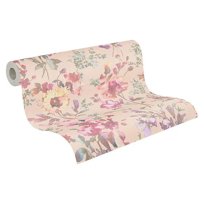 A.S. Création Cosmoliving by Cosmopolitan Vliestapete Blüten - Rosa-Metallic-Grün, Floral, 10,05 x 0,53 m - Eine Rolle rosafarbene Blumentapete mit einem blumigen Design in Rosa, Gelb und Grün. Ideal für eine stilvolle Wandgestaltung.