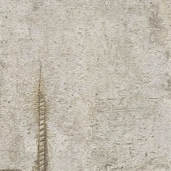 A.S. Création Cosmoliving by Cosmopolitan Vliestapete Beton - Grau-Braun-Weiß, Betonoptik, 10,05 x 0,53 m - Texturierte Betonwand in sanften Beigetönen mit einem vertikalen Fleck und subtilen Gebrauchsspuren. Die Oberfläche ist rau und uneben.