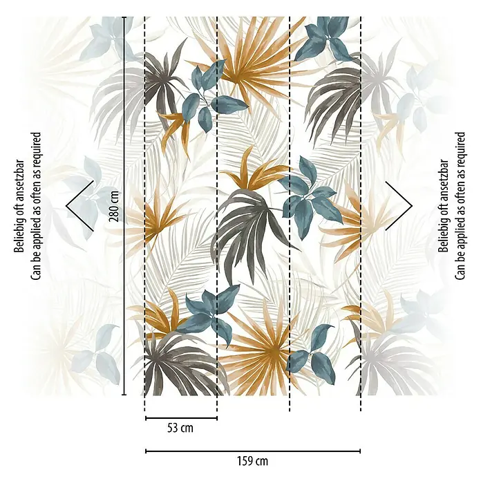 A.S. Création Cosmoliving by Cosmopolitan Fototapete Mehrfarbig Floral - B x H: 159 x 280 cm, Vlies - Das Bild zeigt eine gemusterte Tapete mit tropischen Blättern in Braun- und Blautönen auf weißem Grund, versehen mit Maßangaben.