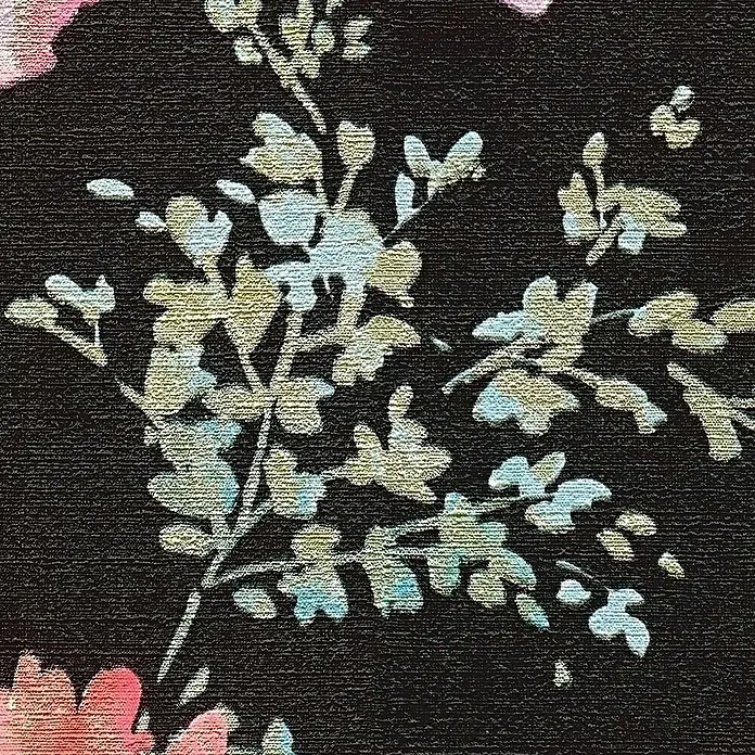 A.S. Création Cosmoliving by Cosmopolitan Vliestapete Blüten - Schwarz-Pink-Grün, Floral, 10,05 x 0,53 m - Nahaufnahme eines gemusterten Textils mit floralen Motiven in Blau und Gelb auf dunklem Grund.