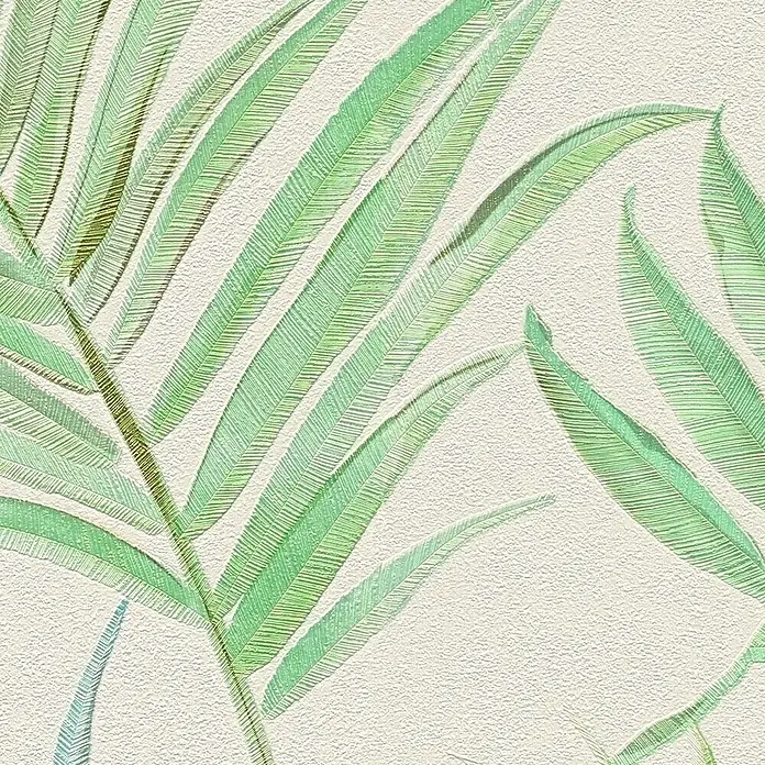 A.S. Création Cosmoliving by Cosmopolitan Vliestapete Ranken - Weiß-Grün-Blau, Floral, 10,05 x 0,53 m - Ein detailliertes Bild von grünen Blättern auf einem strukturierten, cremefarbenen Hintergrund, ideal als Wanddekoration.