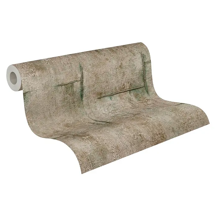 A.S. Création Cosmoliving by Cosmopolitan Vliestapete Beton - Braun-Grau-Grün, Betonoptik, 10,05 x 0,53 m - Nahaufnahme einer Rolle Tapete mit einem rauen, zementartigen Design und dekorativen Seildetails, ideal für eine moderne Raumgestaltung.