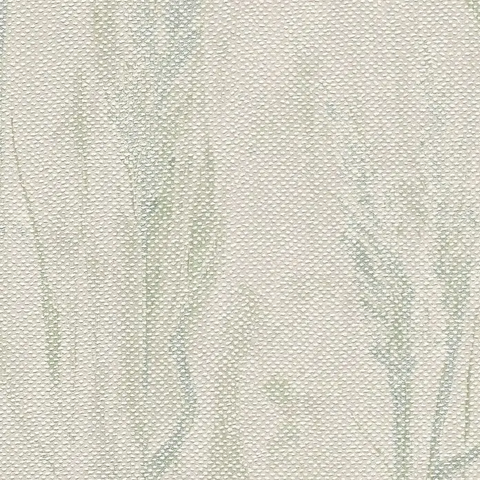 A.S. Création Hygge 3 Vliestapete Floral - Creme-Blau-Grün, Floral, 10,05 x 0,53 m - Nahaufnahme einer strukturierten Tapete mit subtilen, vertikalen Farbverläufen in sanften Grün- und Grautönen, die eine natürliche Leinwandoptik bietet.