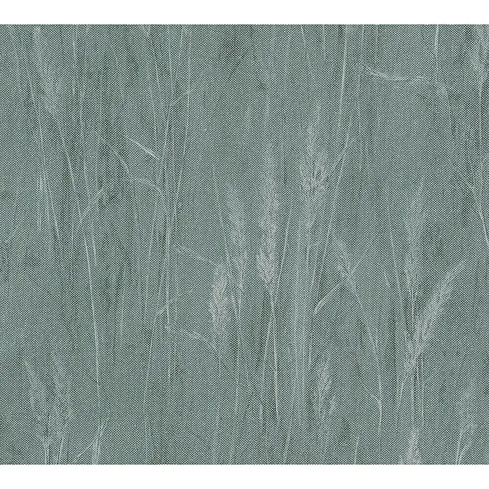 A.S. Création Hygge 3 Vliestapete Floral - Grün-Metallic, Floral, 10,05 x 0,53 m - Ein blaugrüner Stoff mit einem subtilen, weißen Weizenährenmuster, das eine natürliche und elegante Textur für verschiedene Anwendungen bietet.