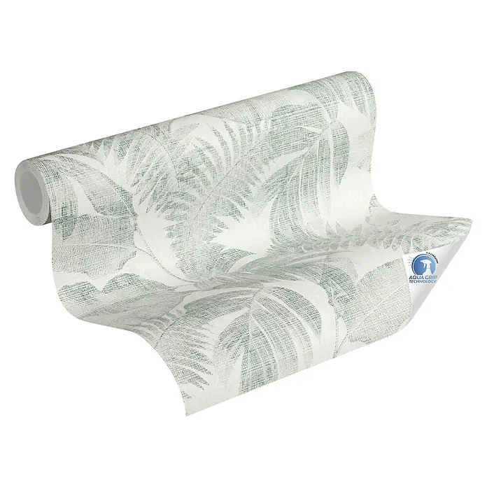 A.S. Création Designdrop Vliestapete Vintage-Farnblätter - Grün-Weiß, Floral, 10,05 x 0,53 m - Eine Rolle gemusterte Tapete mit einem grünen Blätterdesign auf weißem Grund, die für eine elegante Raumgestaltung sorgt.