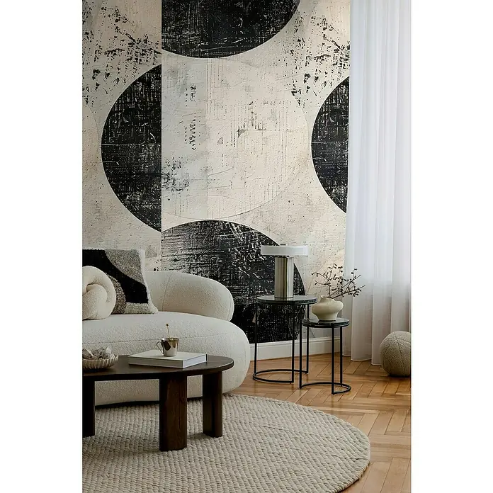 A.S. Création Cosmoliving by Cosmopolitan Fototapete Kreise - B x H: 159 x 280 cm, Vlies - Wohnzimmer mit modernem Kunst Wandbild, hellem Sofa und runden Tischen. Der Teppich und die Vorhänge ergänzen das stilvolle Ambiente.
