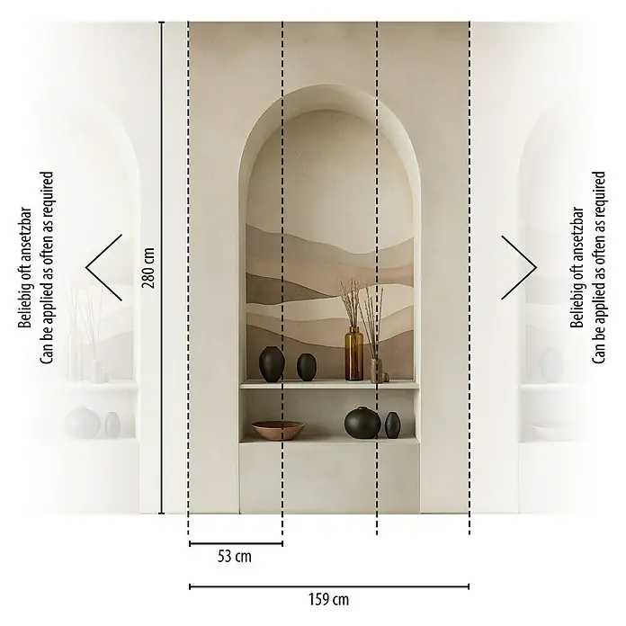 A.S. Création Cosmoliving by Cosmopolitan Fototapete Bogen - B x H: 159 x 280 cm, Vlies - Wandbild mit den Maßen 280 cm Höhe und 159 cm Breite, das ein Regal in einer Nische zeigt.