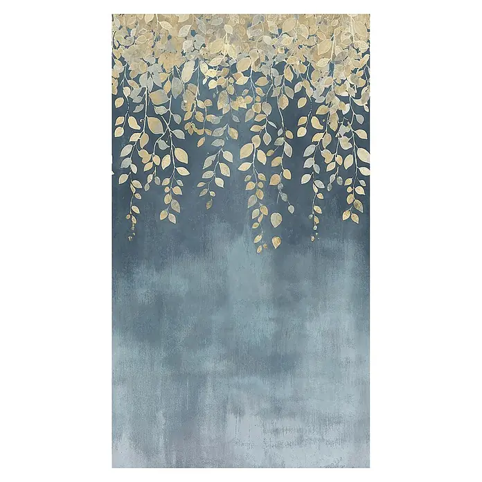 A.S. Création Cosmoliving by Cosmopolitan Fototapete Ranke II - B x H: 159 x 280 cm, Vlies - Wandbild mit zarten goldenen Blättern, die an eleganten Zweigen herabhängen, vor einem beruhigenden blau-grauen Hintergrund.