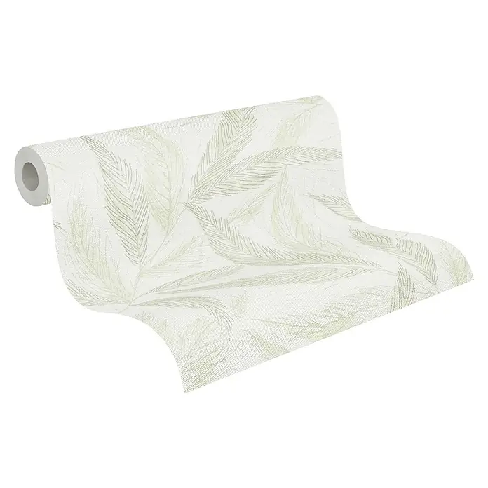 A.S. Création Hygge 3 Vliestapete Blätter - Creme-Grün-Silber, Floral, 10,05 x 0,53 m - Eine Rolle stilvoller Tapete mit einem zarten Federdesign in sanften Farbtönen, perfekt für eine elegante Wandgestaltung.\n