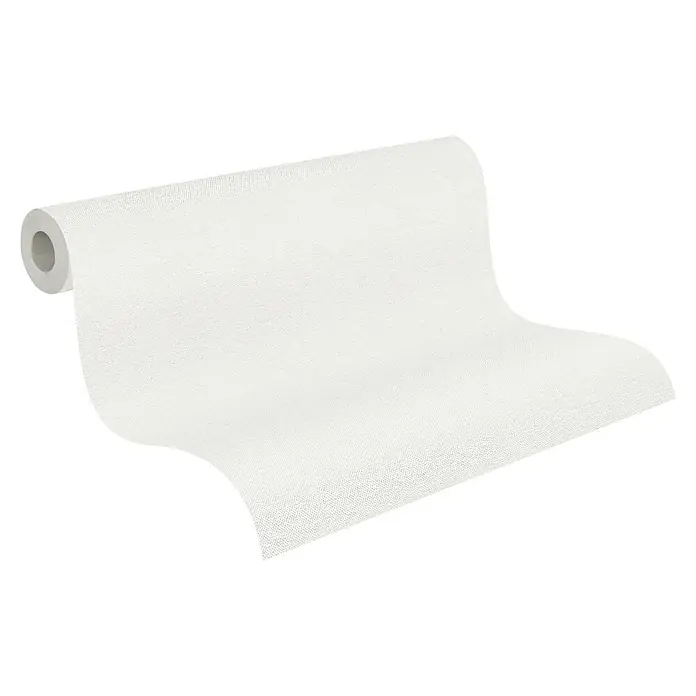 A.S. Création Hygge 3 Vliestapete - Hell-Grau, Uni, 10,05 x 0,53 m - Bild einer weißen Tapetenrolle mit feiner Textur, die für die Wandgestaltung im Innenbereich geeignet ist.