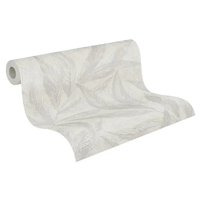 A.S. Création Hygge 3 Vliestapete Blätter - Grau-Weiß-Beige, Floral, 10,05 x 0,53 m - Die weiße Tapetenrolle mit Federmuster verleiht jedem Raum eine elegante Note. Ideal für stilvolle Wandgestaltungen und Inneneinrichtungen.