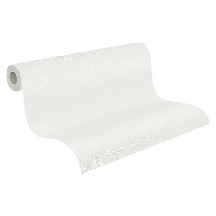 A.S. Création Hygge 3 Vliestapete - Offwhite, Uni, 10,05 x 0,53 m - Bild einer Tapetenrolle mit einer dezenten, hellen Textur. Die Rolle ist teilweise abgerollt und zeigt das Muster der Tapete.