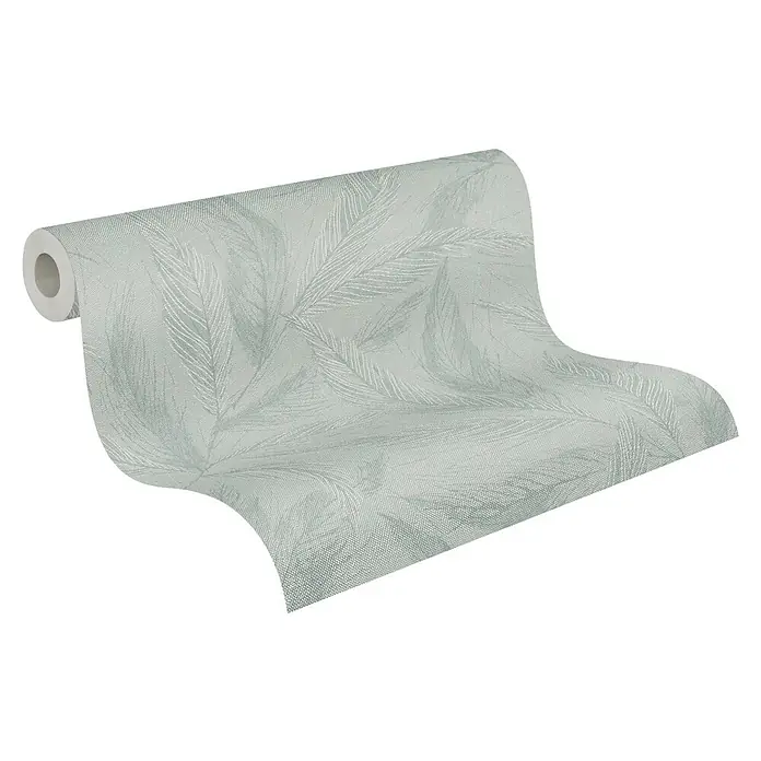 A.S. Création Hygge 3 Vliestapete Blätter - Grün-Metalllic, Floral, 10,05 x 0,53 m - Eine Rolle elegante Tapete mit einem zarten Federdesign in beruhigenden Farbtönen, ideal für stilvolle Wandgestaltung im Innenbereich.