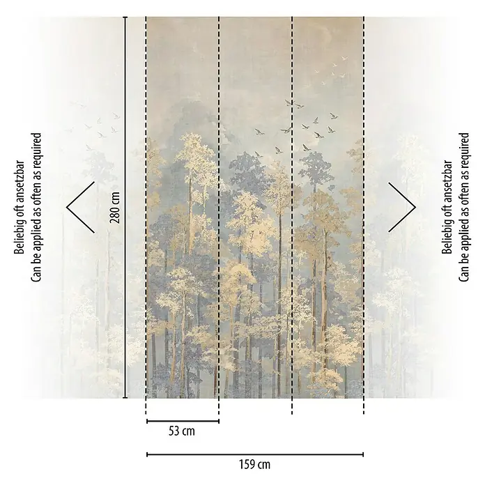 A.S. Création Cosmoliving by Cosmopolitan Fototapete Wald - B x H: 159 x 280 cm, Vlies - Das Bild zeigt eine Waldtapete mit Bäumen in verschiedenen Farben und Größen. Die Tapete ist 159 cm breit und 280 cm hoch.