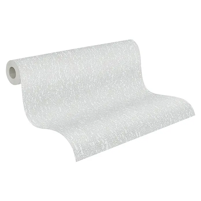 A.S. Création Hygge 3 Vliestapete Ranken - Grau, Floral, 10,05 x 0,53 m - Nahaufnahme einer Rolle weißer Tapete mit einem subtilen, strukturierten Muster, ideal für stilvolle Wandgestaltungen im Innenbereich.