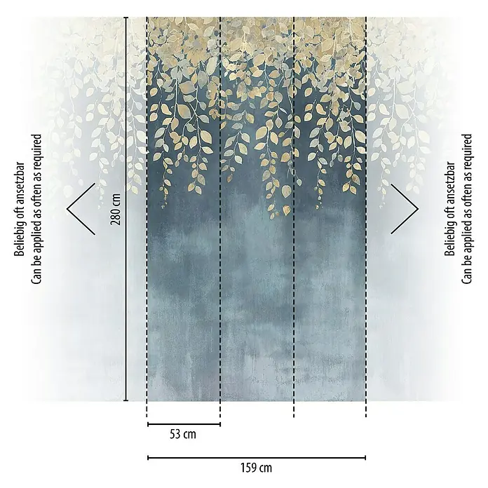 A.S. Création Cosmoliving by Cosmopolitan Fototapete Ranke II - B x H: 159 x 280 cm, Vlies - Eine Fototapete mit einem fallenden Blätter-Design in Gold und Blau, Maße: 280 cm Höhe, 159 cm Breite, 53 cm Paneelbreite.