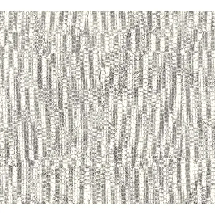 A.S. Création Hygge 3 Vliestapete Blätter - Grau-Weiß-Beige, Floral, 10,05 x 0,53 m - Ein Nahaufnahme von einem texturierten Hintergrund mit einem subtilen Muster aus gefiederten Blättern in sanften Grautönen für Wohntextilien.