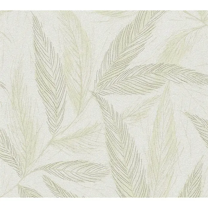 A.S. Création Hygge 3 Vliestapete Blätter - Creme-Grün-Silber, Floral, 10,05 x 0,53 m - Ein schlichtes und elegantes Hintergrundbild mit zarten, grünen Blattmotiven, das eine ruhige und natürliche Atmosphäre schafft.
