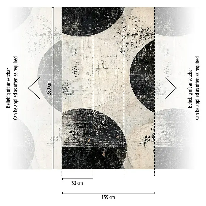 A.S. Création Cosmoliving by Cosmopolitan Fototapete Kreise - B x H: 159 x 280 cm, Vlies - Ein Muster von schwarzen und weißen Kreisen, das beliebig oft angewendet werden kann, mit Größenangaben.