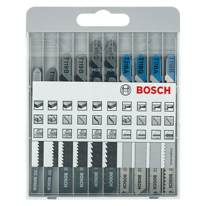 Bosch Stichsägeblatt-Set X-Pro Line - Holz, 10 -tlg. - Eine Packung Bosch Stichsägeblätter verschiedener Typen, inklusive T119, T118 und T218, für unterschiedliche Anwendungen im Holzzuschnitt.