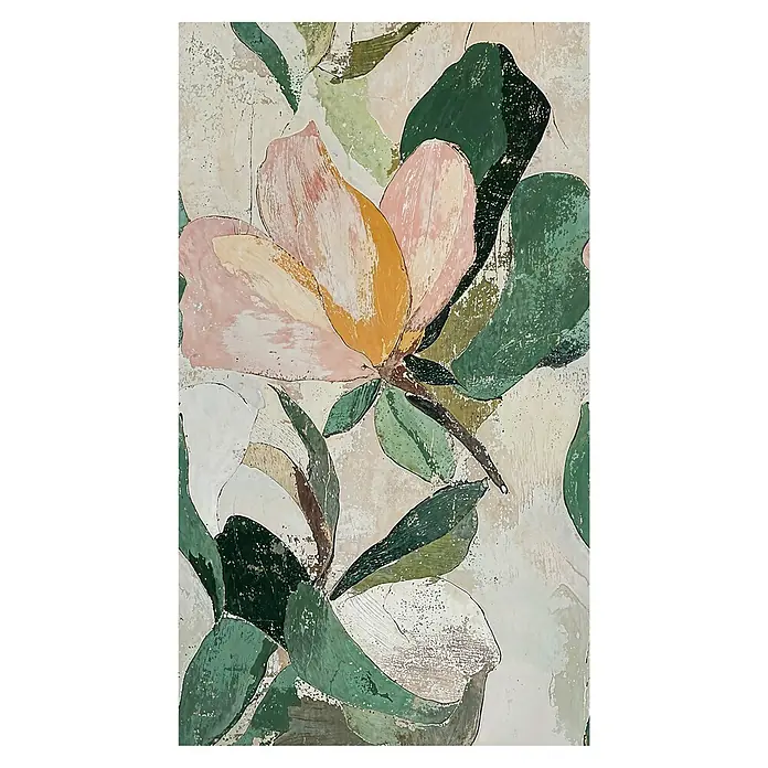 A.S. Création Cosmoliving by Cosmopolitan Fototapete Blüten - B x H: 159 x 280 cm, Vlies - Kunstvolles Gemälde einer Magnolienblüte mit pastellfarbenen Blütenblättern und grünen Blättern auf strukturiertem Untergrund.