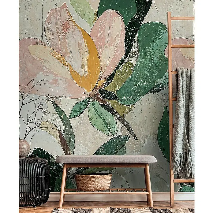 A.S. Création Cosmoliving by Cosmopolitan Fototapete Blüten - B x H: 159 x 280 cm, Vlies - Wand mit Magnolienblüten-Tapete, Bank mit Korb, Leiter mit Decke, Beistelltisch und Teppich. Elegante Raumgestaltung mit floralem Akzent.