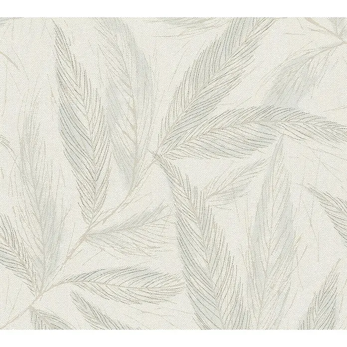A.S. Création Hygge 3 Vliestapete Blätter - Weiß-Creme-Grau, Floral, 10,05 x 0,53 m - Ein elegantes Stoffmuster mit zarten, stilisierten Blättern in sanften Grau- und Beigetönen, das eine ruhige und natürliche Atmosphäre schafft.