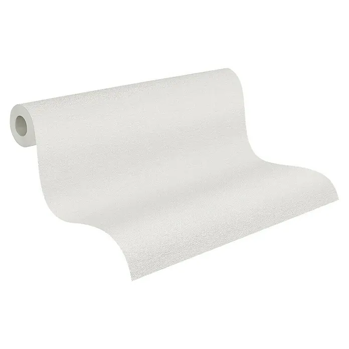 A.S. Création Hygge 3 Vliestapete - Greige, Uni, 10,05 x 0,53 m - Nahaufnahme einer weißen Tapetenrolle mit feiner Textur, die eine elegante und schlichte Wandgestaltung ermöglicht.