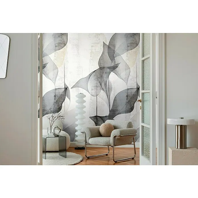A.S. Création Cosmoliving by Cosmopolitan Fototapete Florale Blätter - B x H: 159 x 280 cm, Vlies - Elegantes Wohnzimmer mit einer stilvollen Tapete mit floralem Design, die dem Raum eine moderne und künstlerische Note verleiht.
