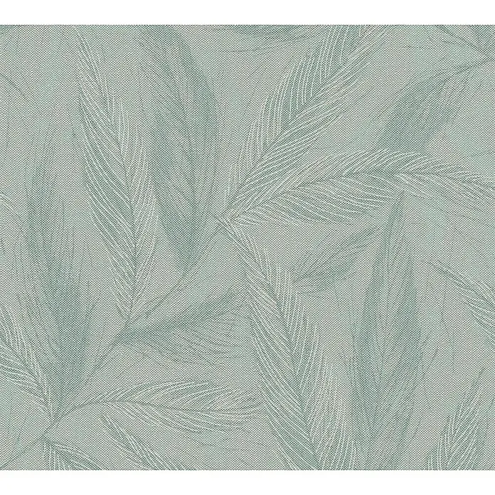 A.S. Création Hygge 3 Vliestapete Blätter - Grün-Metalllic, Floral, 10,05 x 0,53 m - Strukturierte Tapete in Blassblau mit einem Muster aus zarten, weißen und blassblauen Palmwedeln, die eine ruhige, natürliche Atmosphäre schafft.