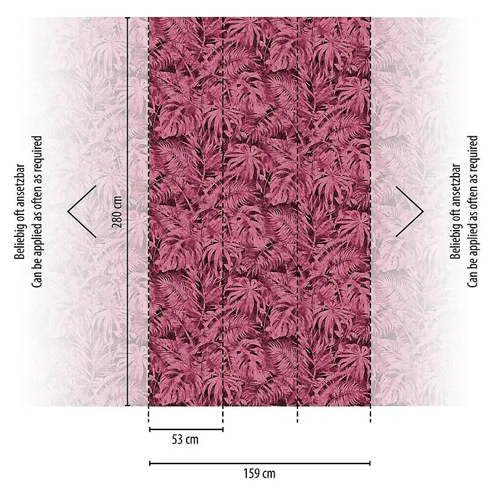 A.S. Création Cosmoliving by Cosmopolitan Fototapete Palme - B x H: 159 x 280 cm, Vlies, Pink-Schwarz-Rosa - Produktansicht: Eine detaillierte Darstellung einer floralen Tapete in einem satten, dunklen Rosaton mit den Maßen 159 cm x 280 cm.