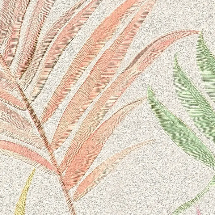 A.S. Création Cosmoliving by Cosmopolitan Vliestapete Ranken - Weiß-Grün-Rosa, Floral, 10,05 x 0,53 m - Eine Nahaufnahme von stilisierten, rosa und grünen Blattmotiven auf einem strukturierten, cremefarbenen Hintergrund.