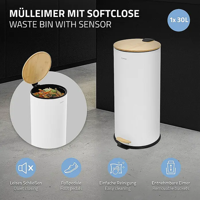 ML-Design Standard Mülleimer Badeimer Abfalleimer 30L rund Weiß Stahl mit Inneneimer Bambusdeckel - 30 l, Stahl, Weiß - Das Bild zeigt einen weißen Mülleimer mit Holzdeckel und Softclose-Funktion, der sowohl mit Sensor als auch mit Fußpedal bedient werden kann.