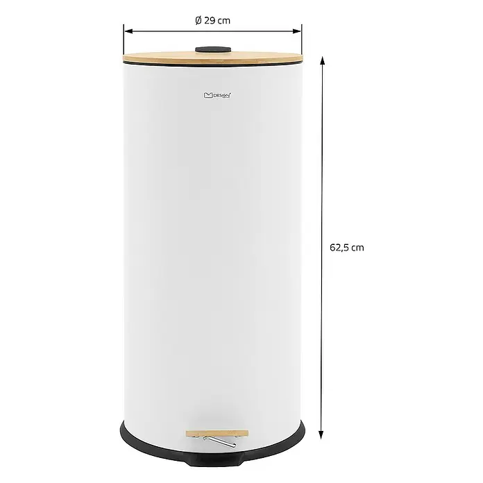 ML-Design Standard Mülleimer Badeimer Abfalleimer 30L rund Weiß Stahl mit Inneneimer Bambusdeckel - 30 l, Stahl, Weiß - Ein stilvoller, weißer Abfalleimer mit Holzdeckel, der durch sein schlankes Design und die Fußbedienung besticht.