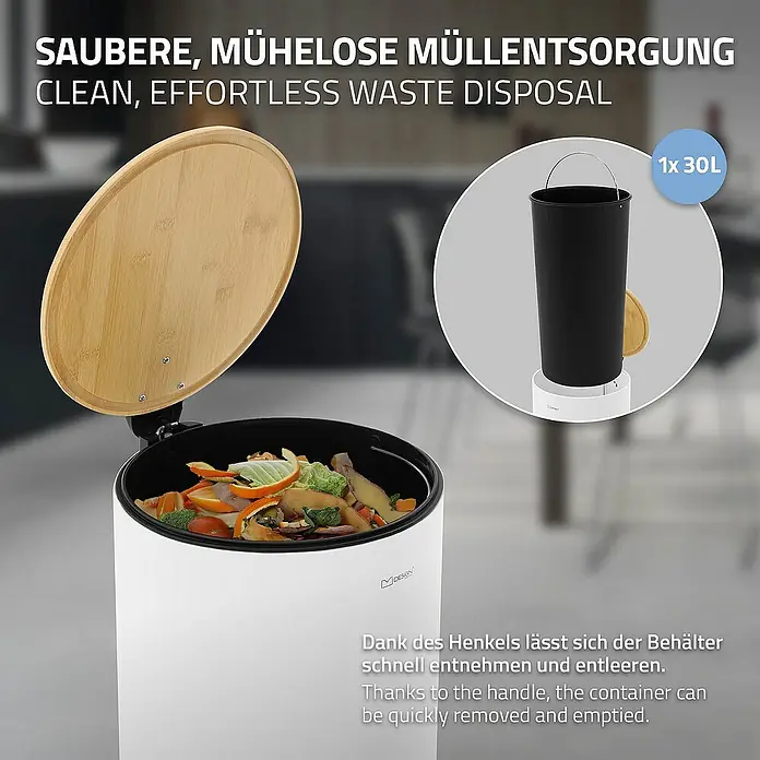 ML-Design Standard Mülleimer Badeimer Abfalleimer 30L rund Weiß Stahl mit Inneneimer Bambusdeckel - 30 l, Stahl, Weiß - Abfallbehälter mit Bambusdeckel. Der Inneneimer mit Griff ermöglicht ein schnelles Entnehmen und Entleeren.