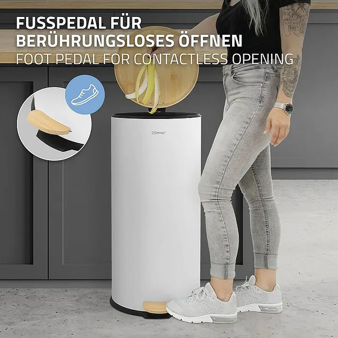 ML-Design Standard Mülleimer Badeimer Abfalleimer 30L rund Weiß Stahl mit Inneneimer Bambusdeckel - 30 l, Stahl, Weiß - Der MDesign Treteimer mit Fußpedal ermöglicht eine hygienische, berührungslose Öffnung, ideal für Küche und Bad.