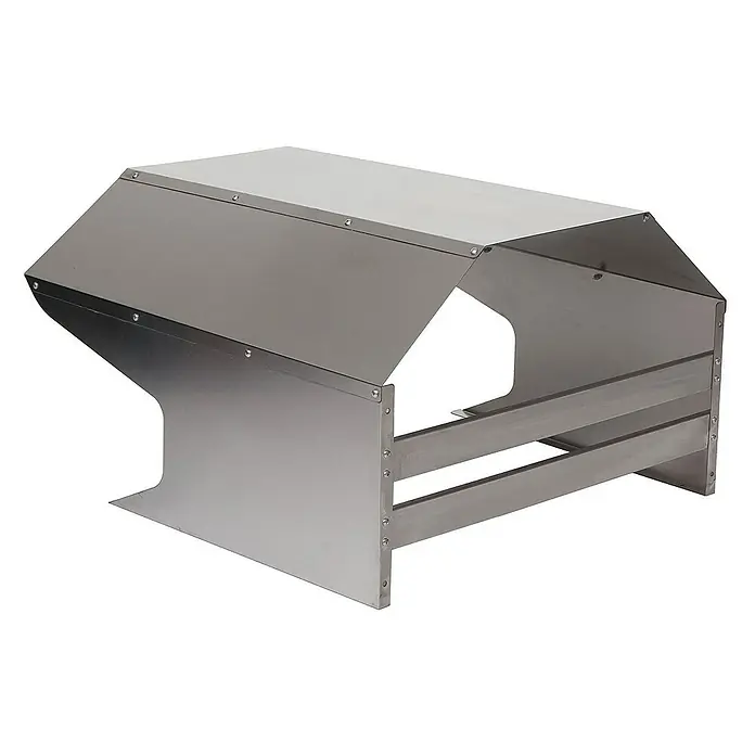 Proregal Mähroboter-Garage Mähroboter-Garage - Edelstahl - Das Bild zeigt eine robuste Futterraufe aus Metall, ideal für die Fütterung von Tieren im Freien, mit einem schützenden Dach und stabiler Konstruktion.