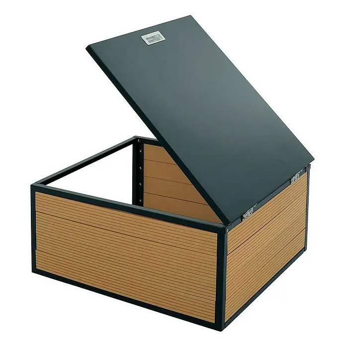 Proregal Mähroboter-Garage Mähroboter-Garage mit Deckel - L x B x H: 70 x 60 x 35 cm, Eiche-Optik - Bild eines Gartenbox mit offenem Deckel. Die Gartenbox besteht aus Holzlatten und einem schwarzen Rahmen.