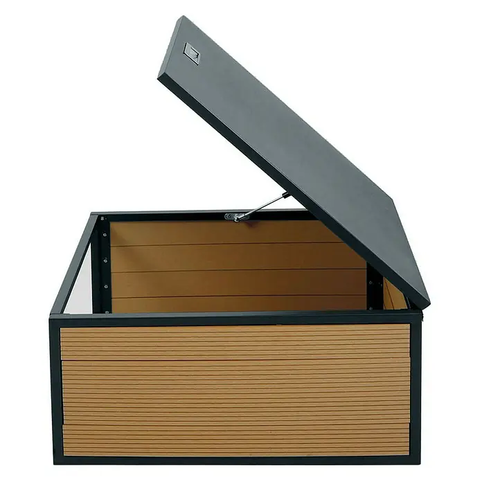 Proregal Mähroboter-Garage Mähroboter-Garage mit Deckel - L x B x H: 70 x 60 x 35 cm, Eiche-Optik - Diese Aufnahme zeigt eine geöffnete Gartenbox mit horizontaler Holzoptik und einem schwarzen Deckel. Sie ist ideal für die Aufbewahrung im Freien.
