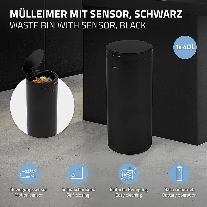 ML-Design Sensormülleimer 40L rund aus Stahl Abfalleimer berührungslos, Klemmring für Müllbeutel - 40 l, Stahl, Schwarz - Schwarzer Mülleimer mit Sensor und automatischem Deckel, erhältlich als 40L Version für einfache und hygienische Abfallentsorgung.