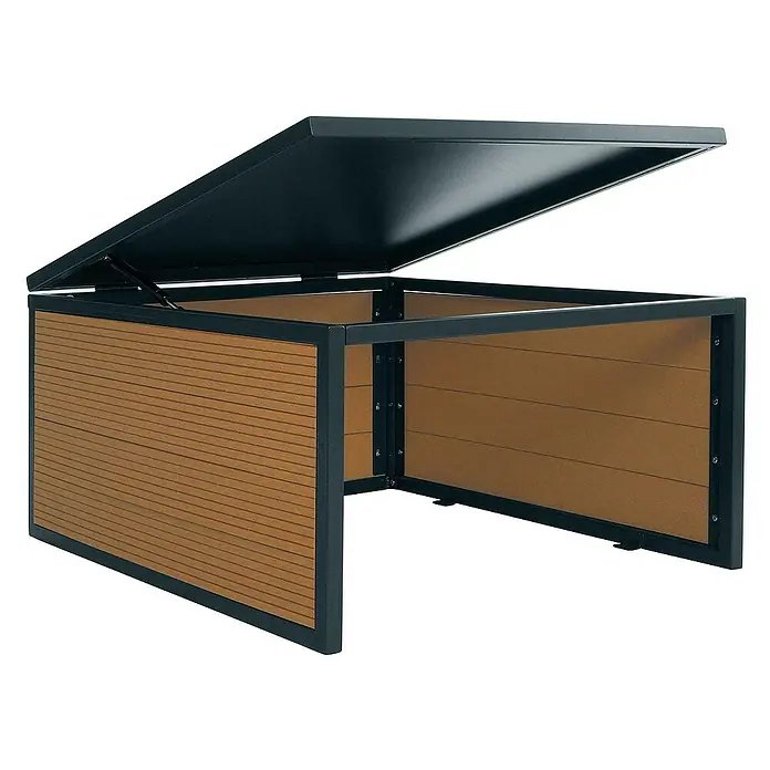 Proregal Mähroboter-Garage Mähroboter-Garage mit Deckel - L x B x H: 70 x 60 x 35 cm, Eiche-Optik - Diese Abbildung zeigt eine moderne Mülltonnenbox mit einem aufklappbaren Deckel und einer Verkleidung in Holzoptik.