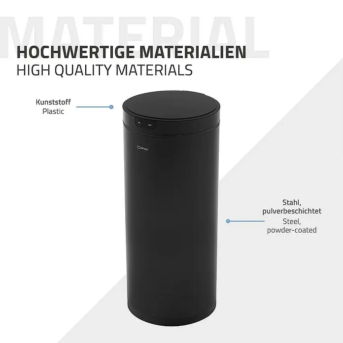 ML-Design Sensormülleimer 40L rund aus Stahl Abfalleimer berührungslos, Klemmring für Müllbeutel - 40 l, Stahl, Schwarz - Ein schwarzer, runder Mülleimer aus Stahl mit Kunststoffdeckel, der mit einer Pulverbeschichtung versehen ist.