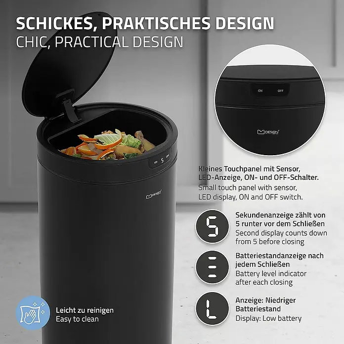 ML-Design Sensormülleimer 40L rund aus Stahl Abfalleimer berührungslos, Klemmring für Müllbeutel - 40 l, Stahl, Schwarz - Intelligenter, schwarzer Abfalleimer mit Sensor und digitaler Anzeige für Batterieanzeige und Countdown zum Schließen.