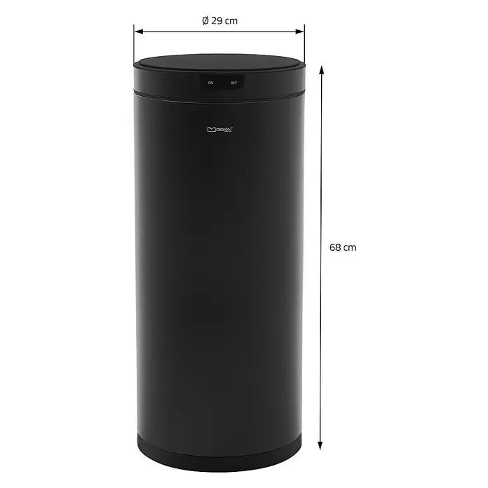 ML-Design Sensormülleimer 40L rund aus Stahl Abfalleimer berührungslos, Klemmring für Müllbeutel - 40 l, Stahl, Schwarz - Bild eines schwarzen MDesign Abfalleimers mit den Maßen Ø 29 cm und 68 cm Höhe, ideal für jedes Zuhause.