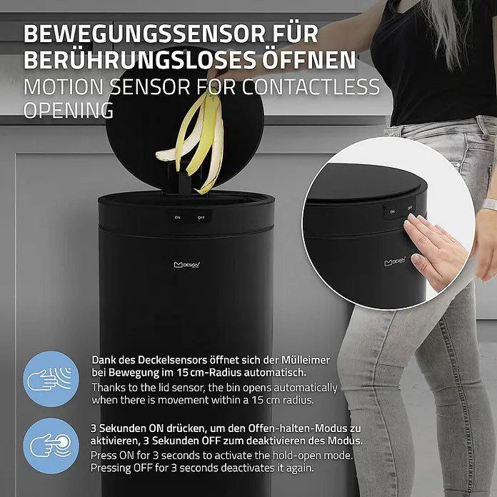 ML-Design Sensormülleimer 40L rund aus Stahl Abfalleimer berührungslos, Klemmring für Müllbeutel - 40 l, Stahl, Schwarz - Intelligenter Mülleimer mit Bewegungssensor für berührungsloses Öffnen für hygienische Abfallentsorgung in modernem Design.