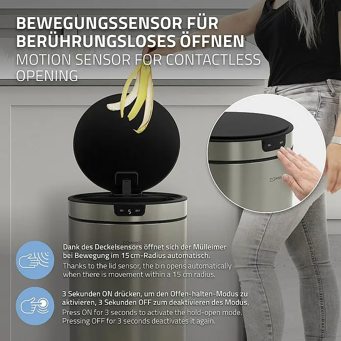 ML-Design Sensormülleimer 30L rund Edelstahl Abfalleimer berührungslos, Klemmring für Müllbeutel - 30 l, Stahl, Silber - Intelligenter, berührungsloser Abfalleimer mit Bewegungssensor für hygienische Abfallentsorgung. Ideal für moderne Haushalte.