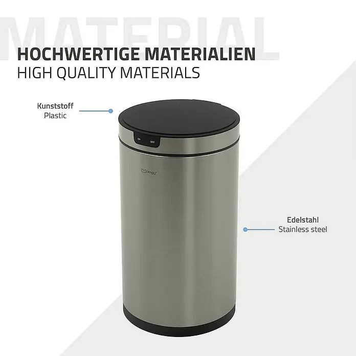 ML-Design Sensormülleimer 30L rund Edelstahl Abfalleimer berührungslos, Klemmring für Müllbeutel - 30 l, Stahl, Silber - Hochwertiger, berührungsloser Mülleimer aus Edelstahl mit einem schwarzen Kunststoffdeckel.