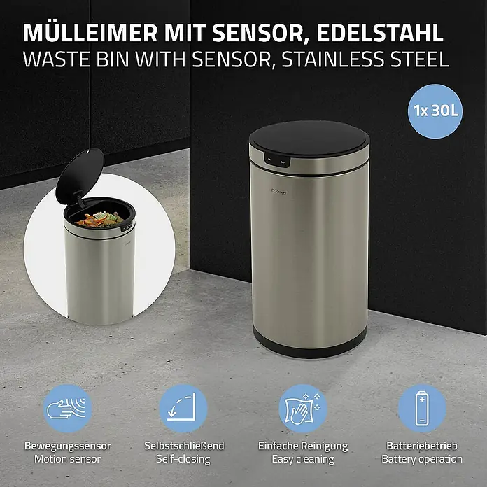 ML-Design Sensormülleimer 30L rund Edelstahl Abfalleimer berührungslos, Klemmring für Müllbeutel - 30 l, Stahl, Silber - Edelstahl Mülleimer mit Sensor und 30L Fassungsvermögen. Praktische Funktionen wie Bewegungssensor, Selbsschließung und einfache Reinigung. Batteriebetrieben.