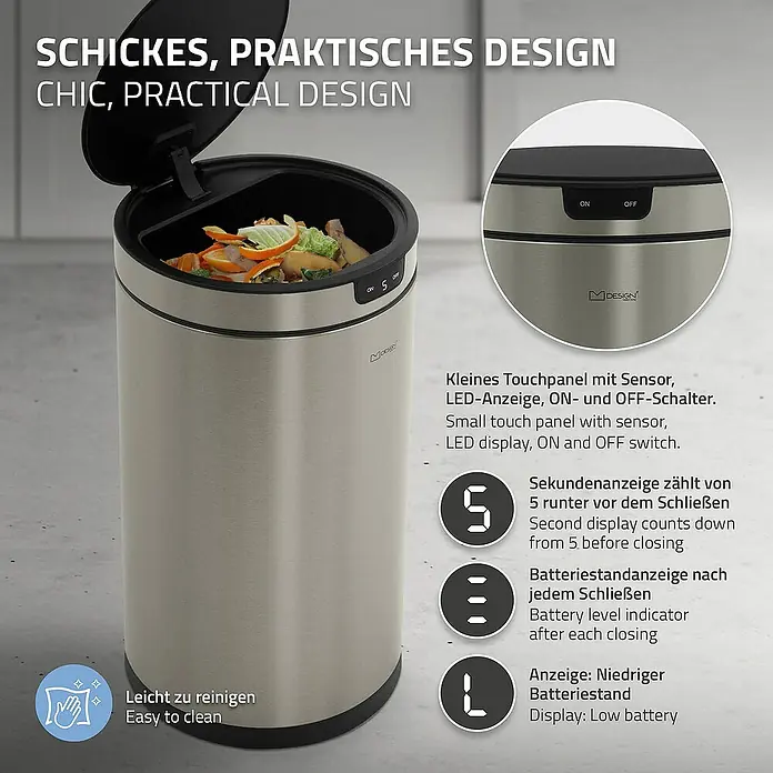 ML-Design Sensormülleimer 30L rund Edelstahl Abfalleimer berührungslos, Klemmring für Müllbeutel - 30 l, Stahl, Silber - Intelligenter, praktischer Mülleimer mit Touchpanel, LED-Anzeige und Sensor für eine einfache und hygienische Abfallentsorgung.