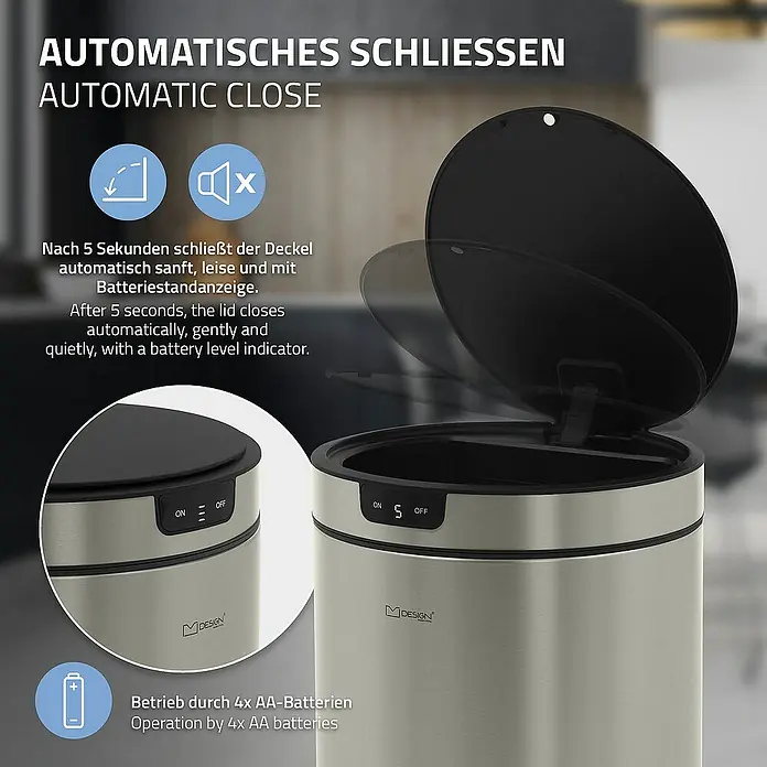 ML-Design Sensormülleimer 30L rund Edelstahl Abfalleimer berührungslos, Klemmring für Müllbeutel - 30 l, Stahl, Silber - Automatischer Mülleimer aus Edelstahl mit Sensor. Er schließt sanft und leise nach 5 Sekunden.